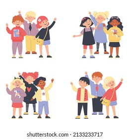 Kids waving hands groups set, flat cartoon vector illustration isolated on white background. Smiling little boys and girls characters with greeting gesture.