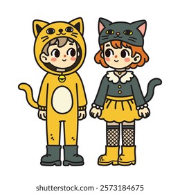 Kids Wear Cat Costume Vector Illustration, Boy and Girl with Cat Outfit Vector Image, Cute Couple Wear Cat Costume Vector Illustration, Cat Costume Couple Clip Art.