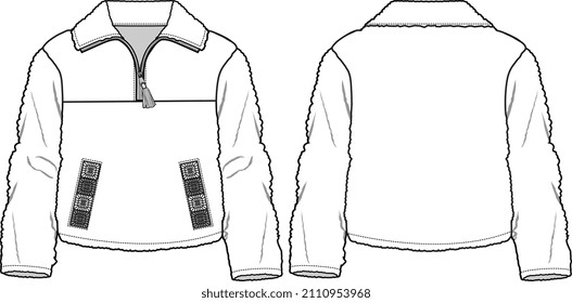 KIDS WEAR CRAFTED HALF ZIP FLEECE JACKET AND SWEAT TOP VECTOR FLAT FRONT AND BACK SKETCH