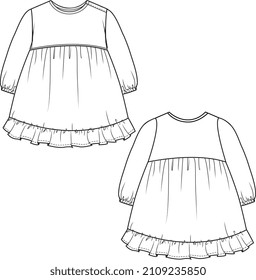 KIDS WEAR DRESS VECTOR FLAT SKETCH FRONT AND BACK