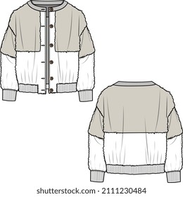 KIDS WEAR FUR BLOCKED JACKET AND SWEAT TOP VECTOR FLAT FRONT AND BACK SKETCH