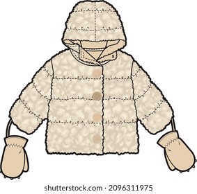 KIDS WEAR FUR FLEECE QUILTED JACKET WITH HOOD AND GLOVES VECTOR ILLUSTRATION