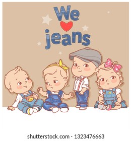 Kids wear jeans. Children in denim clothes. Blue jeans, denim pants,dress, jacket, overalls. Kids fashion. Boys and girls wear fashion outfits. Denim look. Smiling baby. Color vector illustration