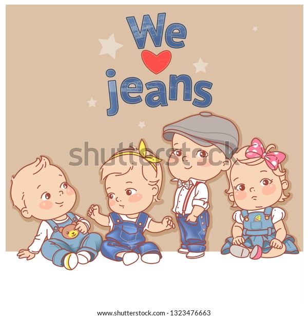 Kinder Tragen Jeans Kinder In Denim Kleidung Stock Vektorgrafik Lizenzfrei