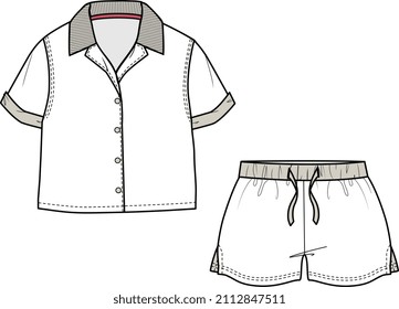 KIDS WEAR SET TEE AND PAJAMA VECTOR FLAT SKETCH