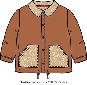 KIDS WEAR SWEAT TOP JACKET AND SHIRT 2 IN 1 SHACKET WITH FUR FLEECE COLLAR AND POCKET VECTOR ILLUSTRATION