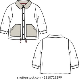 KIDS WEAR SWEAT TOP JACKET AND SHIRT 2 IN 1 WITH FUR FLEECE COLLAR AND POCKET VECTOR FLAT SKETCH FRONT AND BACK