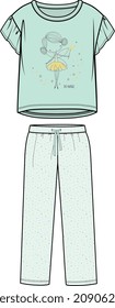 KIDS WEAR TEE WITH FRILL AND PAJAMA SET NIGHT WEAR VECTOR SKETCH