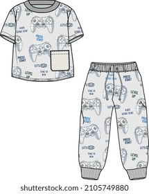 KIDS WEAR TEE AND PAJAMA COORDINATE SET WITH JOYSTICK AND GAMEPAD PATTERN VECTOR SKETCH