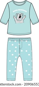 KIDS WEAR TEE PAJAMA SET WITH POLKA DOTS AND KOALA PRINT VECTOR