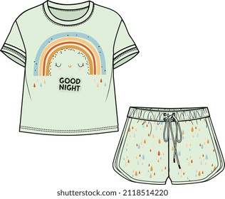 KINDER SCHREIBEN TEE UND PAJAMA SET SHIRT UND KURZEN SCHLAFSCHIRM VEKTORSKETCH