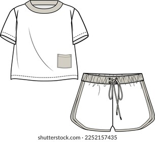 KIDS WEAR TEE AND SHORT PAJAMA SET FASHION FLAT DESIGN VECTOR