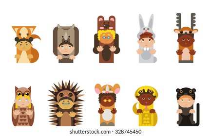 Kids wearing animal pijamas, different ethnics, isolated.