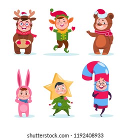 Kids wearing christmas costumes. Cartoon happy children greeting christmas. Winter holiday vector characters. Illustration of character childhood costume, funny child greeting holiday