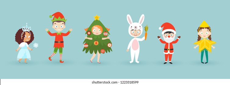 Kids wearing Christmas costumes. Funny and cute carnival kids set. Vector illustration.
