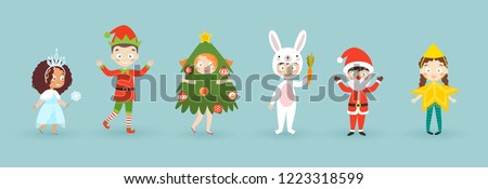 Kids wearing Christmas costumes. Funny and cute carnival kids set. Vector illustration.