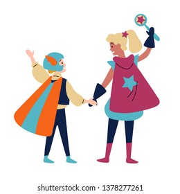 Kids wearing colorful costumes of superheroes. Vector