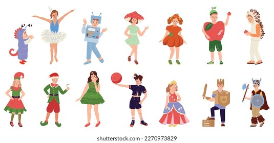 Kids wearing costumes of fairytale characters flat icons set with princess knight apple robot monster isolated vector illustration