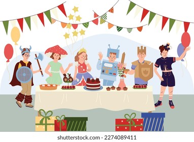 Kids wearing costumes of fairytale characters at holiday party with gifts balloons and festive dinner flat composition vector illustration