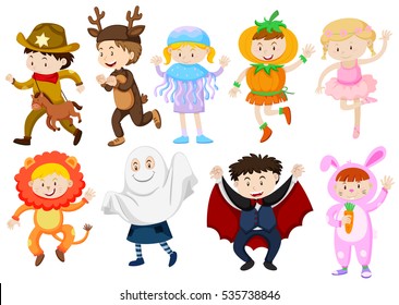 Kids wearing costumes for halloween and plays illustration