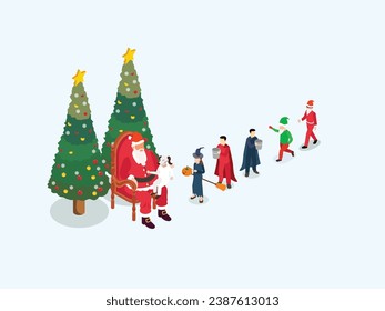 kids wearing costumes lining up in the mall waiting to take pictures with Santa Claus isometric 3d vector illustration concept for banner, website, landing page, flyer, greeting card, etc