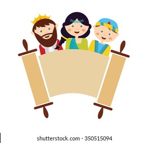 kids wearing costumes from Purim story. arranged around  torah