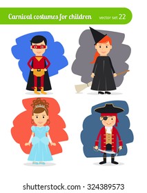 Kids wearing costumes. Superhero and fairy, witch and pirate