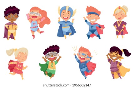 Kids Wearing Costumes of Superhero Pretending Having Powers for Fighting Crime Vector Set