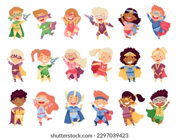 Kids Wearing Costumes of Superhero Pretending Having Powers for Fighting Crime Big Vector Set