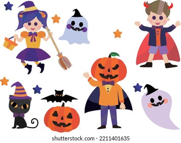 Kids Wearing  Costumes and Tricks Or Treat Happy Halloween Banner Holiday Concept Vector Illustration