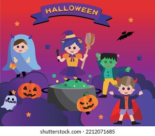 Kids Wearing  Costumes and Tricks Or Treat Happy Halloween Banner Holiday Concept Vector Illustration