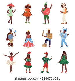 Kids wearing costumes of various fairytale characters flat set isolated vector illustration