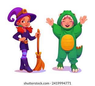 Kids wearing cute costume for carnival or Halloween party. Cartoon vector set of children playing in creative clothes - girl in witch outfit with purple hat and broom, boy in green dino fancy dress.