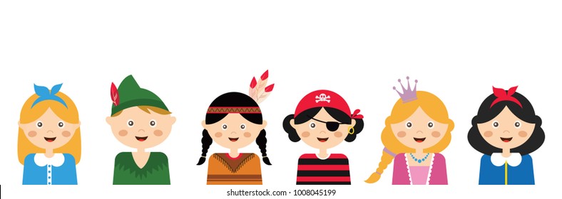 kids wearing different costumes. professions, animals and princesses . vector illustration