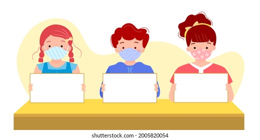 Kids Wearing Fabric Face Mask In Classroom Holding White Blank Sign. Students Sitting In Class With Face Covering And Empty Notice Board To Learn At School. Back To School During Covid19. Flat Vector.