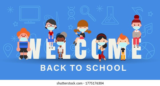 Kids Wearing Face Mask During Covid-19 Pandemic. Back To School Banner Background Vector Illustration