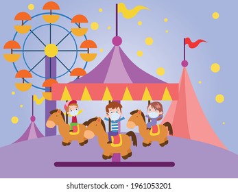 Kids Wearing Face Mask Having Fun At Theme Park Cartoon 2d Vector Concept For Banner, Website, Illustration, Landing Page, Flyer, Etc.