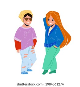 Kids Wearing Fashion Clothes Stay Together Vector. Children In Fashion Clothing With Accessories Posing On Model Show And Presenting Elegant Garment. Characters Flat Cartoon Illustration