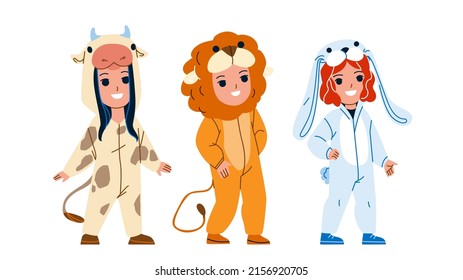 Kids Wearing Funny Animal Pajamas Together Vector. Children Boy And Girl In Cow, Lion And Bunny Cute Animal Pajamas Clothes. Characters In Stylish Clothing On Festival Flat Cartoon Illustration