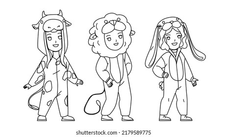 Kids Wearing Funny Animal Pajamas Together Vector. Children Boy And Girl In Cow, Lion And Bunny Cute Animal Pajamas Clothes. Characters In Stylish Clothing On Festival Black Line Illustration