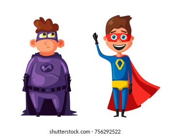 Kids wearing funny costume superhero. Cartoon vector illustration