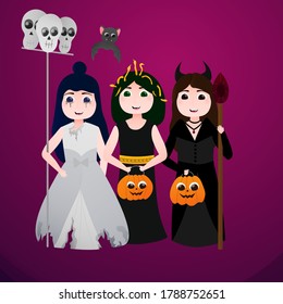 Kids wearing halloween costume - banshee, medusa, demon. Cute character illustration.