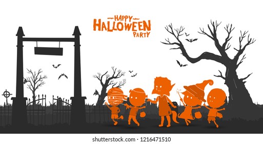 Kids wearing halloween costume orange color on cemetery background. Vector design for invitation card, greeting card, poster and banner halloween celebration event