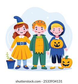 Kids wearing halloween costumes, a flat style illustration 
