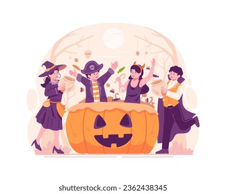 Kids Wearing Halloween Costumes and Having Fun With a Large Pumpkin Basket Filled With Sweets and Candies. Halloween Party and Trick or Treat Concept