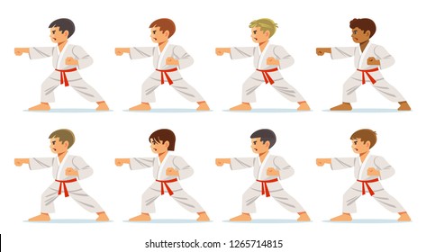 Kids wearing kimono and karate training. Young, beautiful, successful multi ethnic kids in karate positive