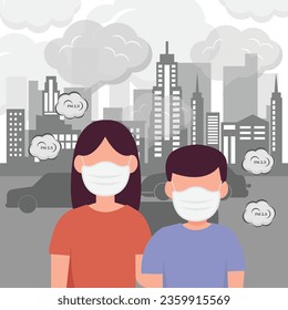 kids wearing masks for protecting from air smoke city car pollution cartoon character vector flat illustration.