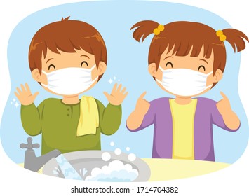 Kids wearing medical masks and washing their hands as protection measures against Covid-19 coronavirus infection.