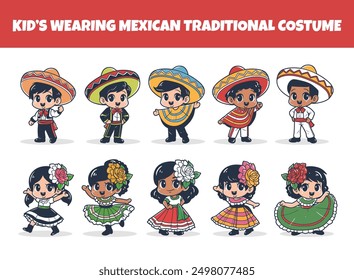 Kids wearing mexican traditional costume vector illustration set