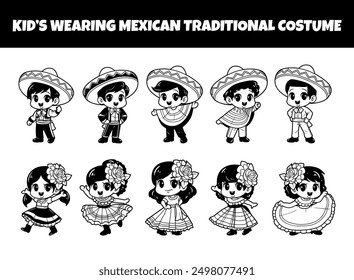 Kids wearing mexican traditional costume outline vector collection